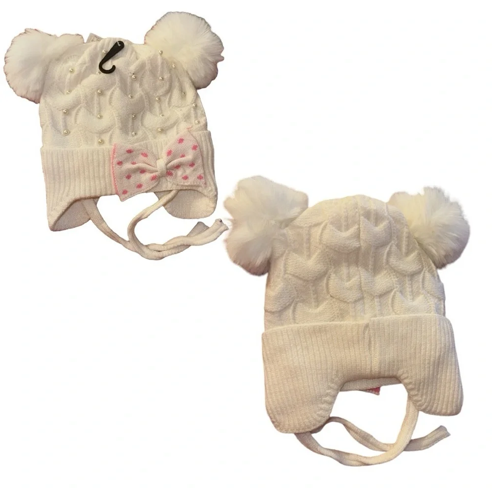 Kids' Double Pom Beanie pearl with a front bow‎ new